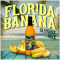 Bottle of Florida Banana Slushie Mix with bananas on a beach background