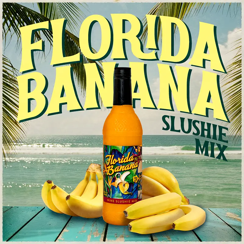Bottle of Florida Banana Slushie Mix with bananas on a beach background