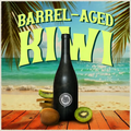 Black bottle labeled 'Barrel-Aged Kiwi' with kiwis on a beach background