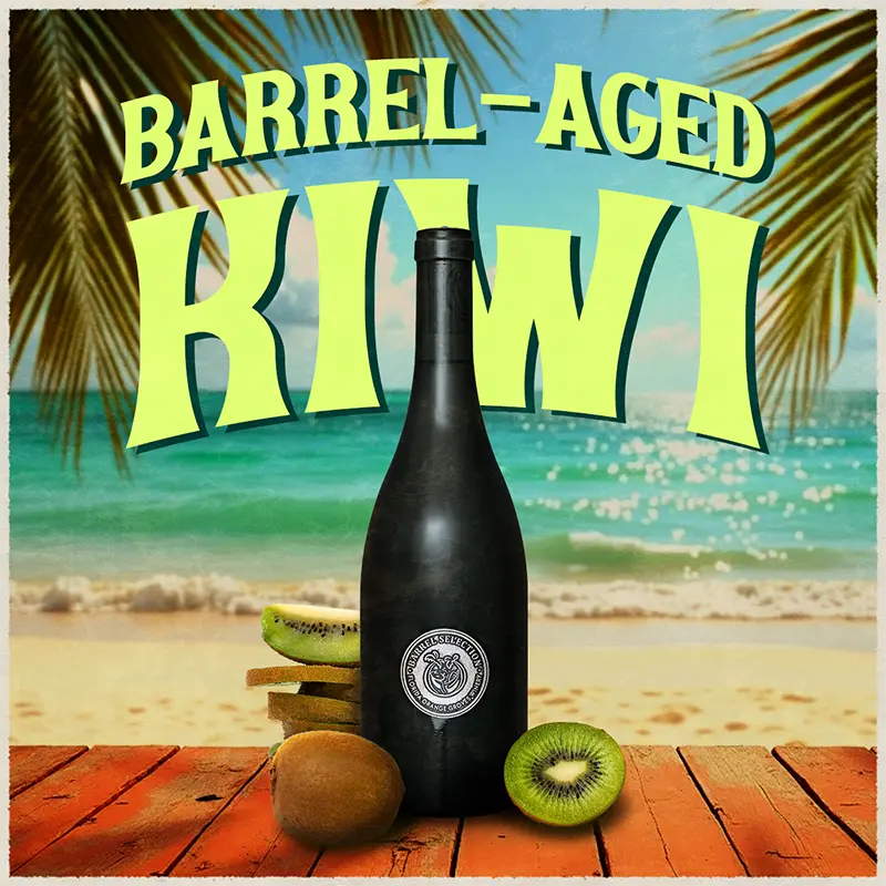 Black bottle labeled 'Barrel-Aged Kiwi' with kiwis on a beach background