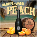 Black wine bottle with peaches and a barrel on a beach setting, labeled 'Barrel-Aged Peach'.