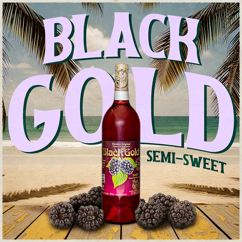 Black Gold semi-sweet wine bottle with blackberries on a beach-themed background