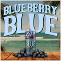 Can of Blueberry Blue wine with blueberries on a wooden surface and beach background