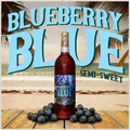 Bottle of Blueberry Blue semi-sweet wine with blueberries on a wooden surface and beach background.