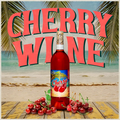 Bottle of cherry wine with cherries on a beach background and 'Cherry Wine' text.