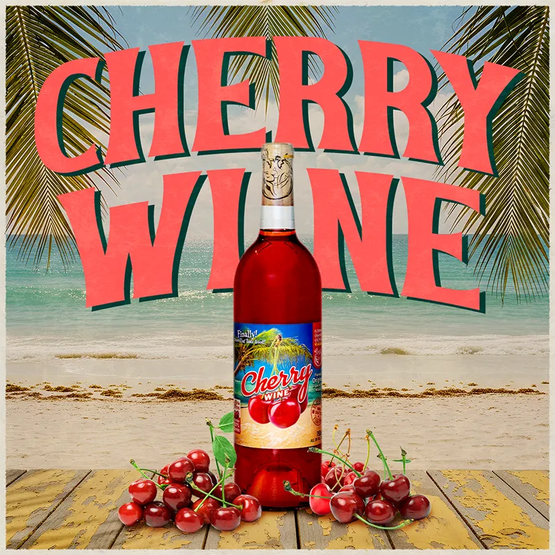 Bottle of cherry wine with cherries on a beach background and 'Cherry Wine' text.