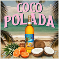 Coco Polada bottle with coconuts, oranges, and pineapple on a beach background