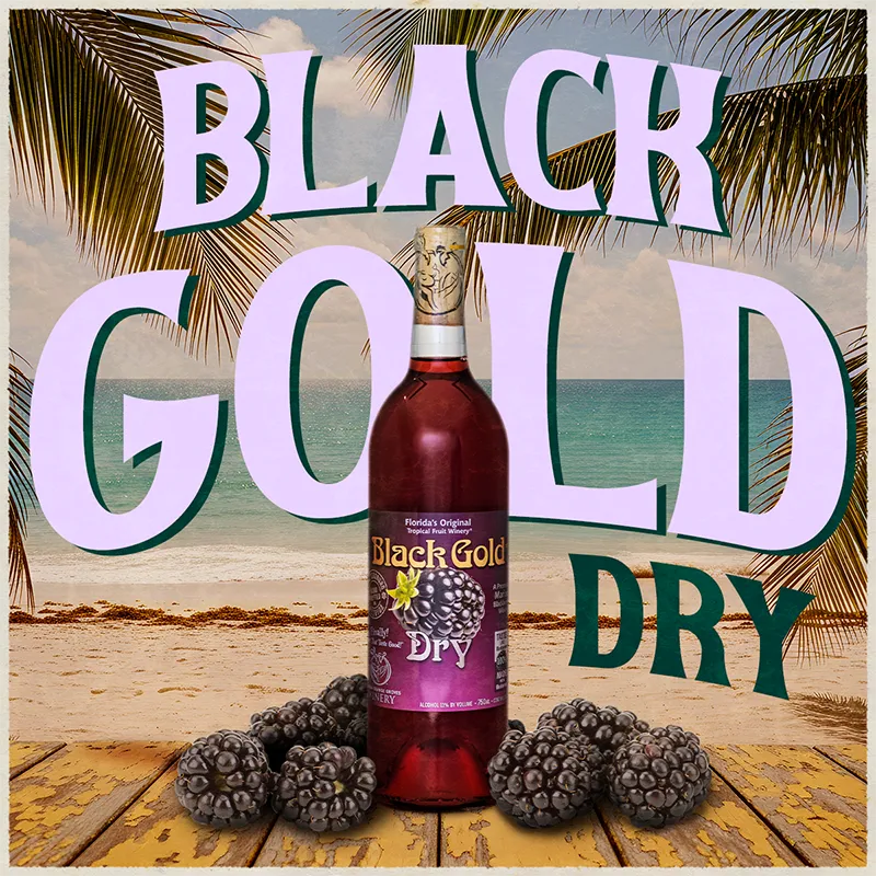 Black Gold Dry wine bottle with text and berries on a wooden surface with palm leaves.