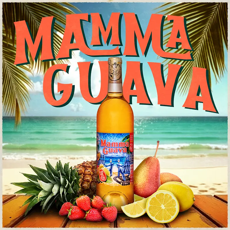 Bottle of Mamma Guava with fruits on a beach background