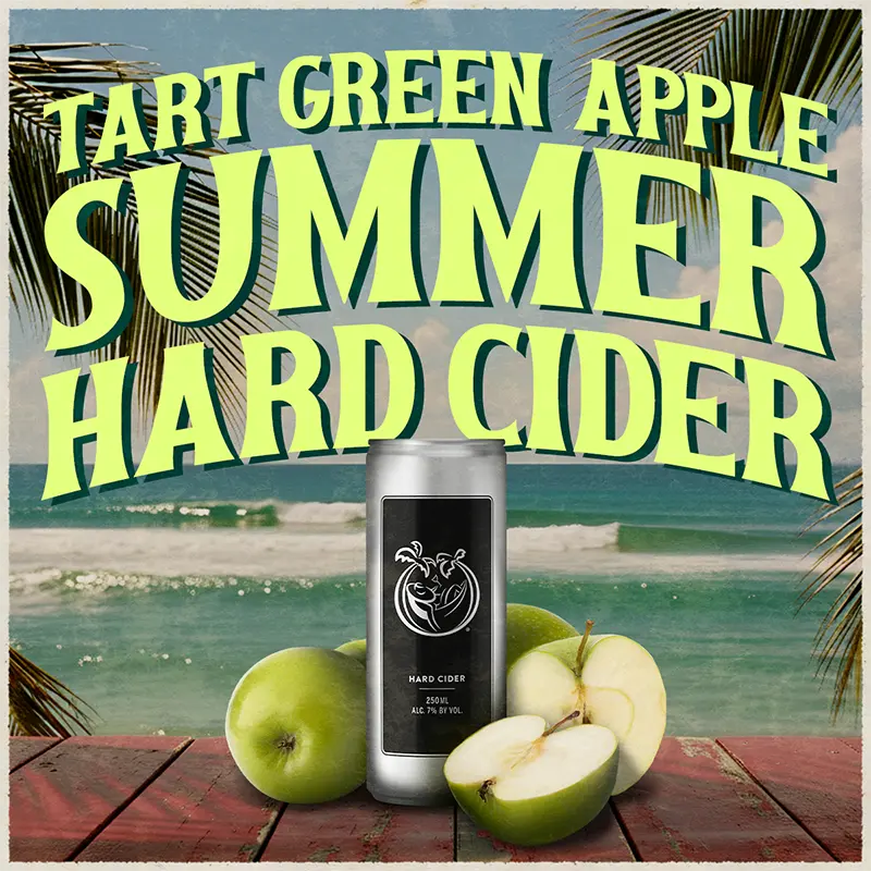 Tart Green Apple Summer Hard Cider can with green apples on a beach background
