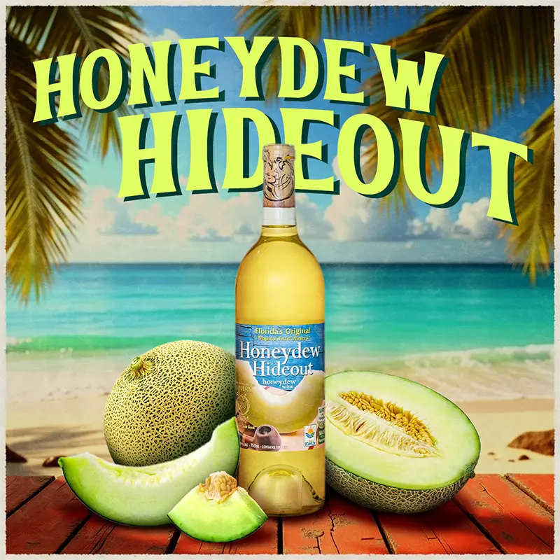 Honeydew Hideout wine bottle with honeydew melons on a beach background