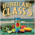 Hurricane Class 5 energy drink can with tropical fruits and beach background