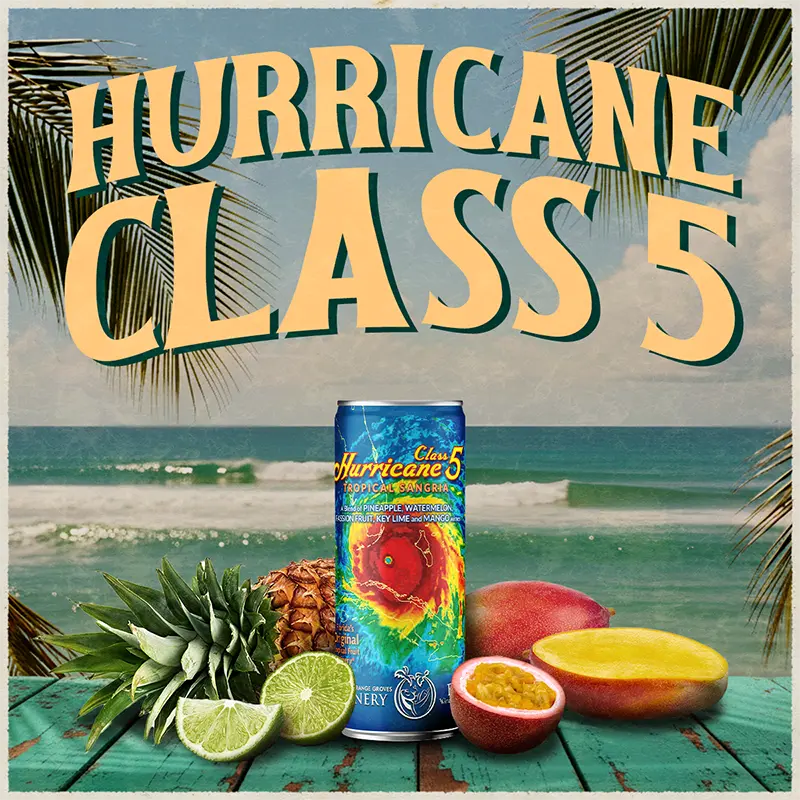 Hurricane Class 5 energy drink can with tropical fruits and beach background
