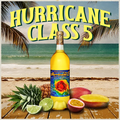 Bottle of Hurricane Class 5 wine with tropical fruits and beach background