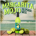 Margarita Mojo slushie mix bottle with lime slices on a beach background