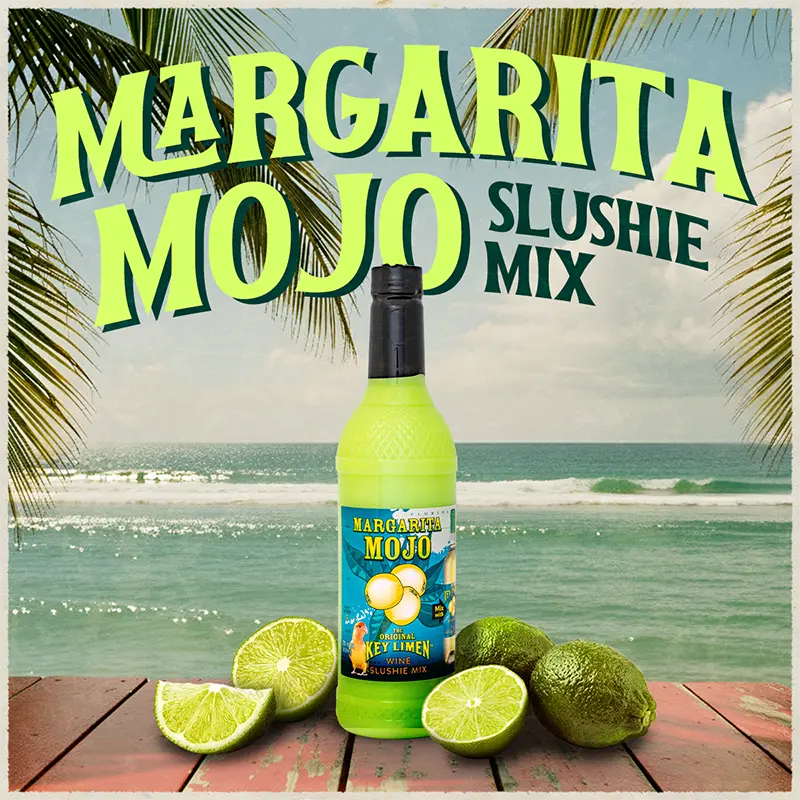Margarita Mojo slushie mix bottle with lime slices on a beach background