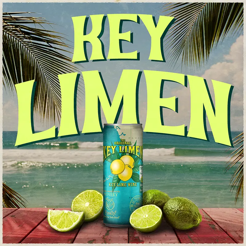 Key Lime wine can with lime slices on a beach background