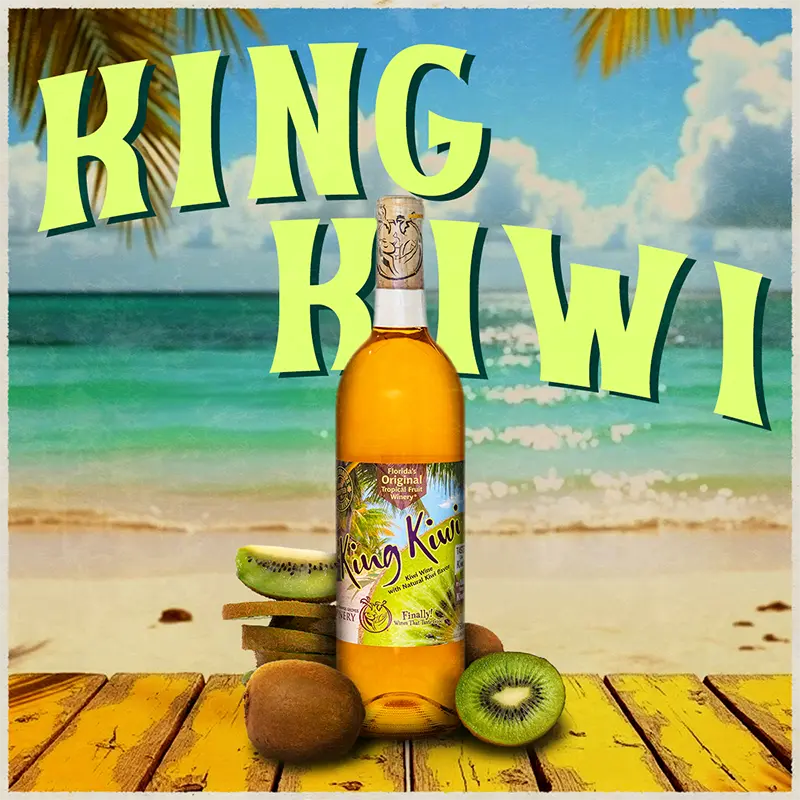 Bottle of King Kiwi wine with kiwis on a beach background