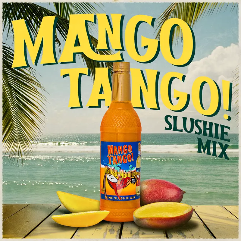Mango Tango slushie mix bottle with mangoes on a beach background