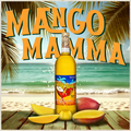 Wine bottle with 'Mango Mamma' branding on a beach background