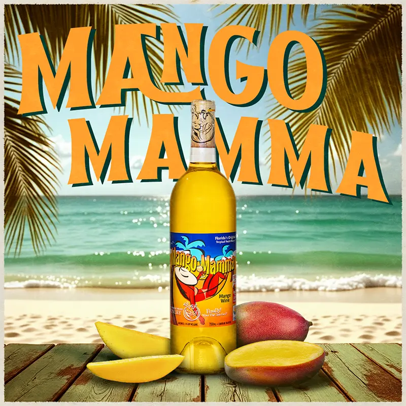 Wine bottle with 'Mango Mamma' branding on a beach background