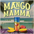 Mango Mamma can with mangoes on a beach background