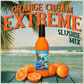 Bottle of Orange Cream Extreme Slushie Mix with oranges on a beach background
