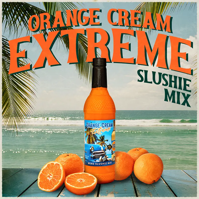 Bottle of Orange Cream Extreme Slushie Mix with oranges on a beach background