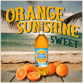 Bottle of Orange Sunshine sweet orange wine with oranges on a beach background