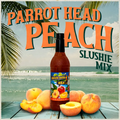 Bottle of Parrot Head Peach Slushie Mix with peaches on a beach background