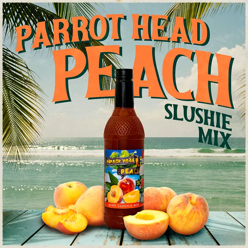 Bottle of Parrot Head Peach Slushie Mix with peaches on a beach background