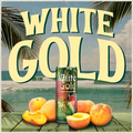Can of White Gold White Peach wine with peaches on a beach setting