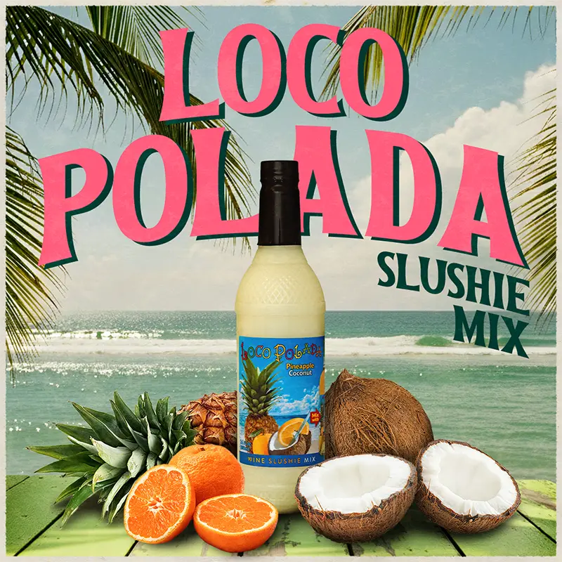 Loco Polada slushie mix bottle with tropical fruits and beach background