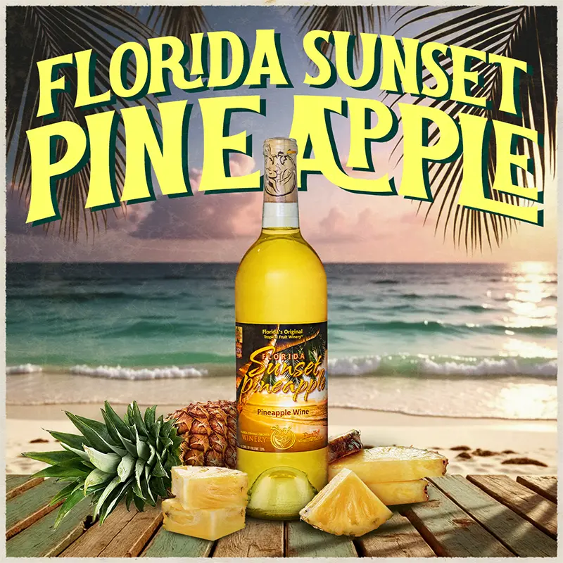 Bottle of Florida Sunset Pineapple wine with pineapple slices and a beach scene in the background