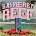 Raspberry Reef can with raspberries on a beach background