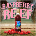 Bottle of Raspberry Reef with raspberries on a beach background