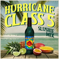 Bottle of Hurricane Class 5 Slushie Mix with tropical fruits and beach background