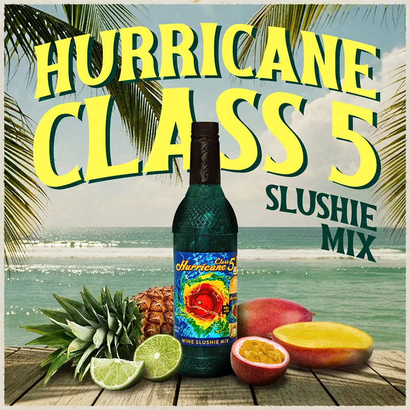 Bottle of Hurricane Class 5 Slushie Mix with tropical fruits and beach background