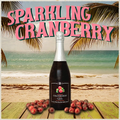 Bottle of sparkling cranberry wine with cranberries on a beach background