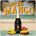 Bottle of sparkling mango wine with mango slices on a beach background