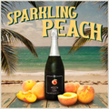 Bottle of sparkling peach wine with peaches on a beach setting