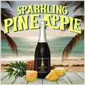 Bottle of sparkling pineapple wine with pineapples on a beach setting