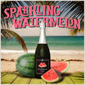 Bottle of sparkling watermelon wine with watermelons on a beach background