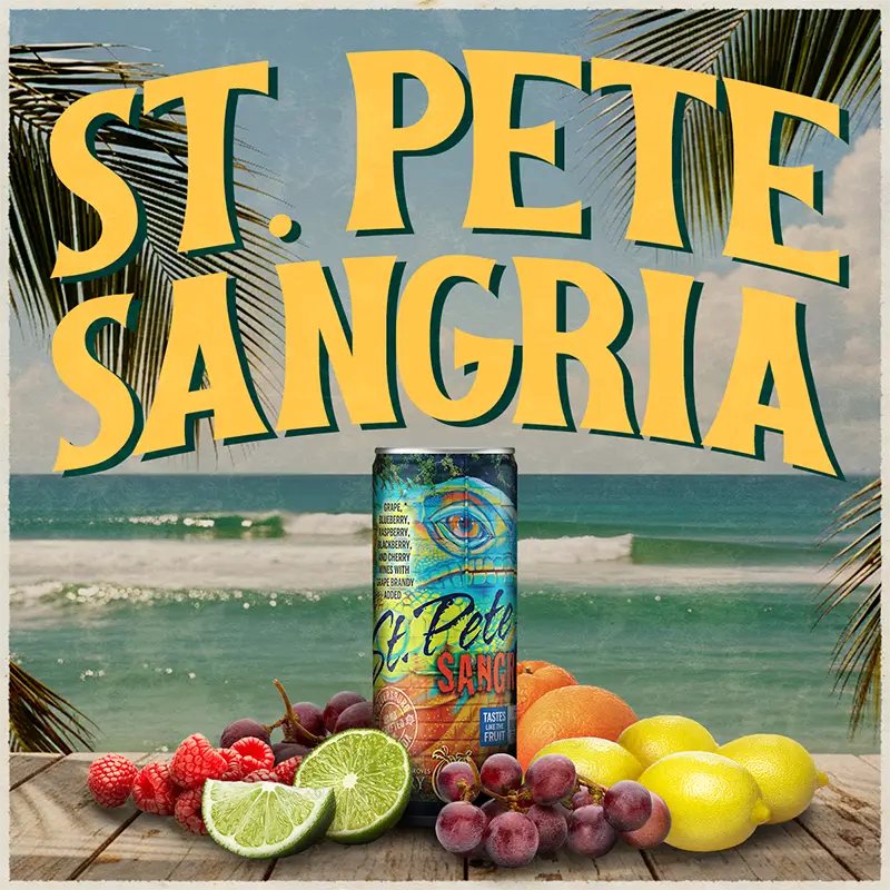 St. Pete Sangria can with fruits and beach background