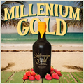 Bottle of Millennium Gold sherry with strawberries on a beach background