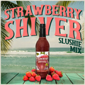Bottle of Strawberry Shiver slushie mix with strawberries on a beach background