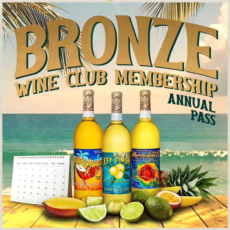 Promotional image for Bronze Wine Club Membership with wine bottles and tropical fruits on a beach background.