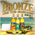 Promotional image for Bronze Wine Club Membership with wine bottles and tropical fruits on a beach background.