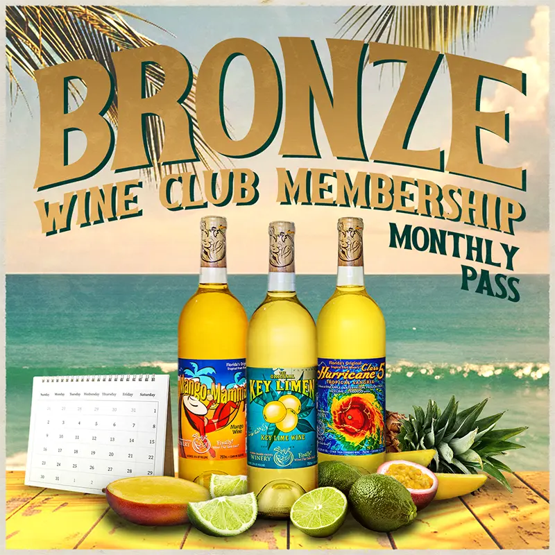 Promotional image for Bronze Wine Club Membership with wine bottles and tropical fruits on a beach background.