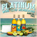 Three bottles of tropical-flavored wine with fruit on a beach setting, promoting platinum wine club membership.
